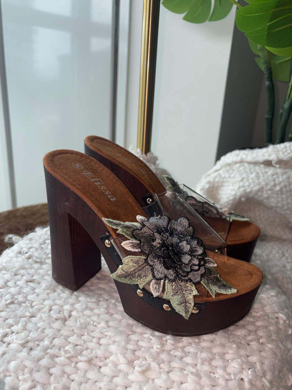 Y2K Boho Floral Clear Platform Mules 70s Chunky Heels Size 36